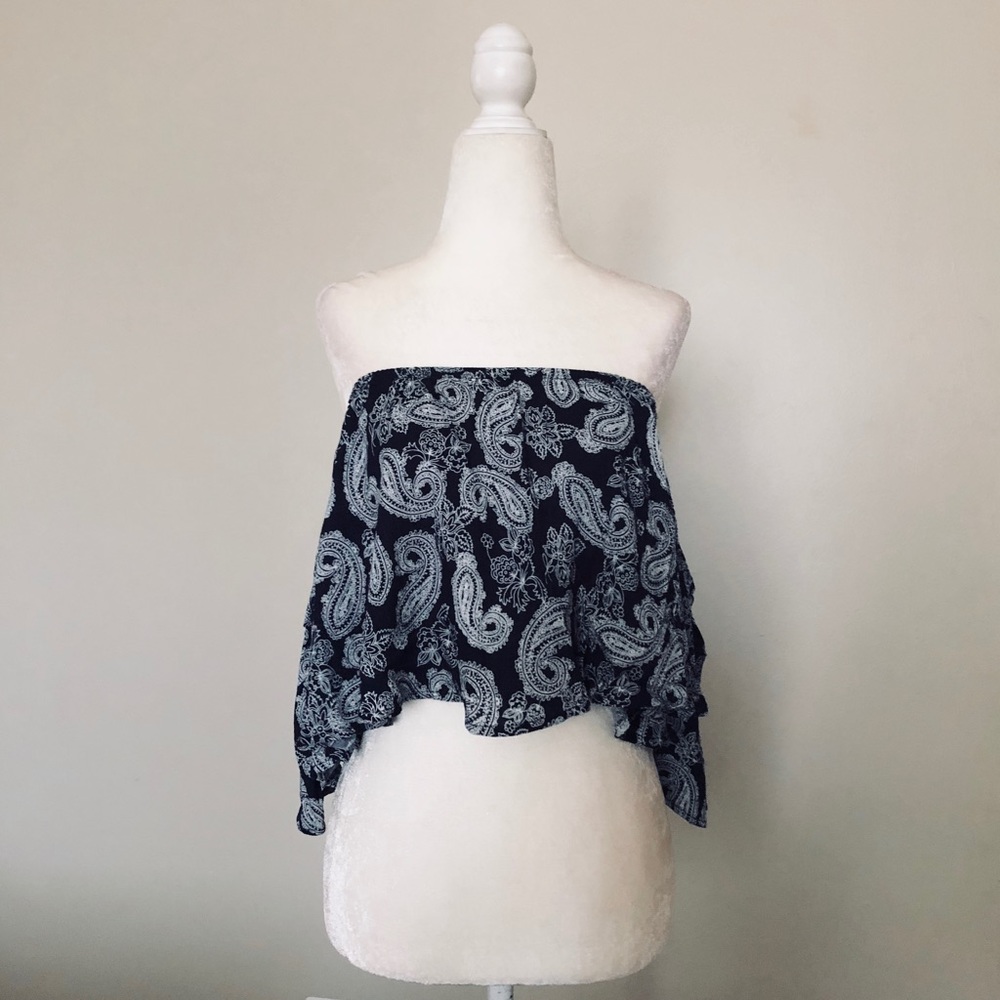 Pitaya paisley navy off the shoulder crop top